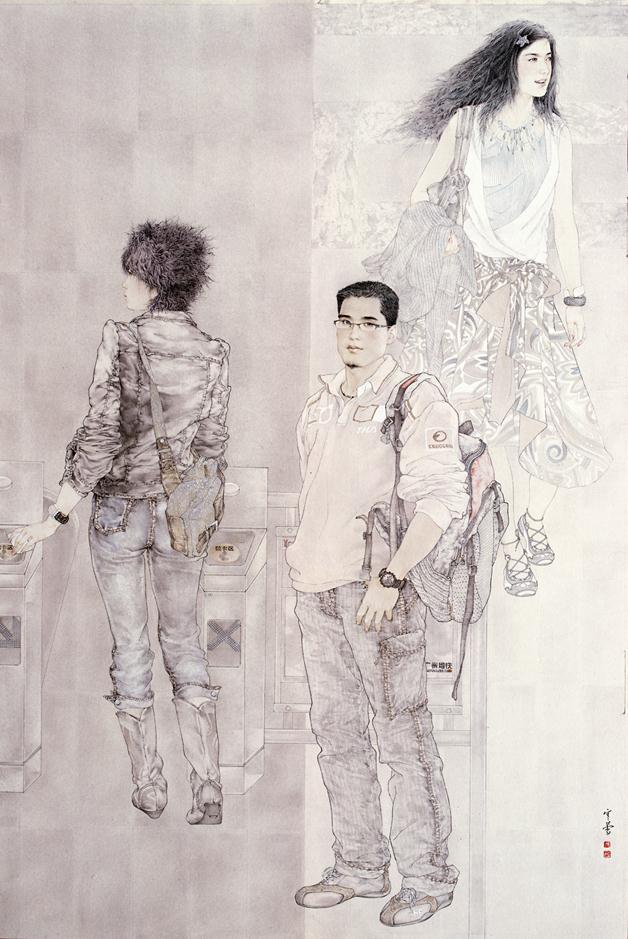 《早班地铁》作者：罗寒蕾创作年代：2008规格：203cm×138cm品类：纸本水墨设色