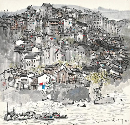 与本幅同年创作之〈重庆山城〉，50.5 x 52.6 cm，二○一一年四月于香港苏富比中国书画部拍卖，以港币9,844,400成交