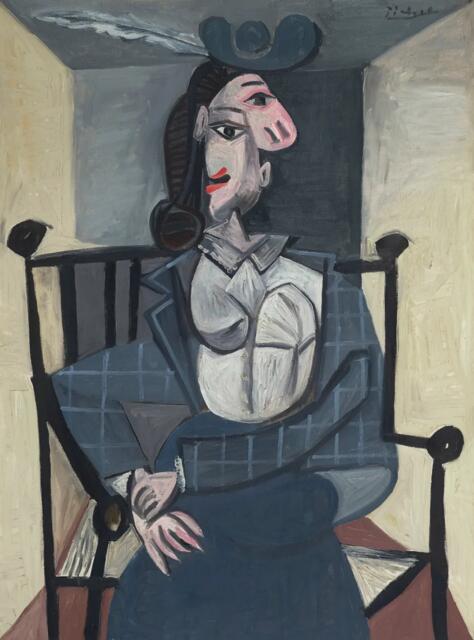 巴布罗·毕加索（1881-1973）《坐在扶手椅上的女人》，油彩 画布，130 x 97 cm.，1941年6月19日作。此作于10月6日佳士得纽约二十世纪晚间拍卖中以29,557,500美元成交