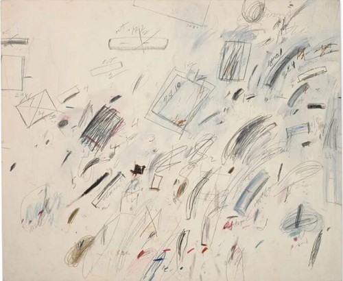 赛‧托姆布雷（1928-2011）《无题（博塞纳）》，油性油漆蜡笔石墨毡头笔画布，199.4 x 240 cm.，1969年作。此作于10月6日佳士得纽约二十世纪晚间拍卖中以38,685,000美元成交