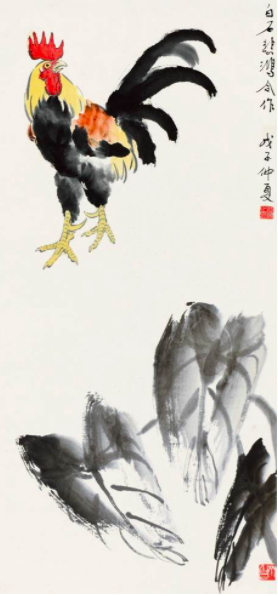 图说：1948年徐悲鸿与白石老人合作的《雄鸡芋叶》 官方图