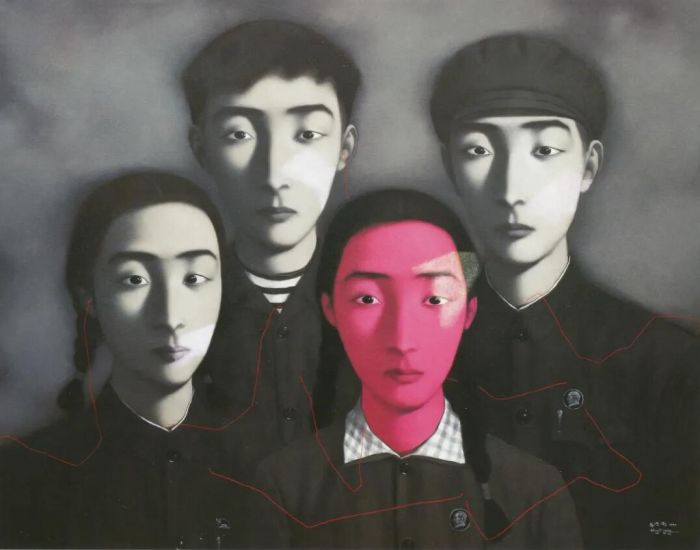 张晓刚（1958年生）《血缘—大家庭4号》，油彩 画布，180 x 230 cm.，1995年作。艺术品© Zhang Xiaogang