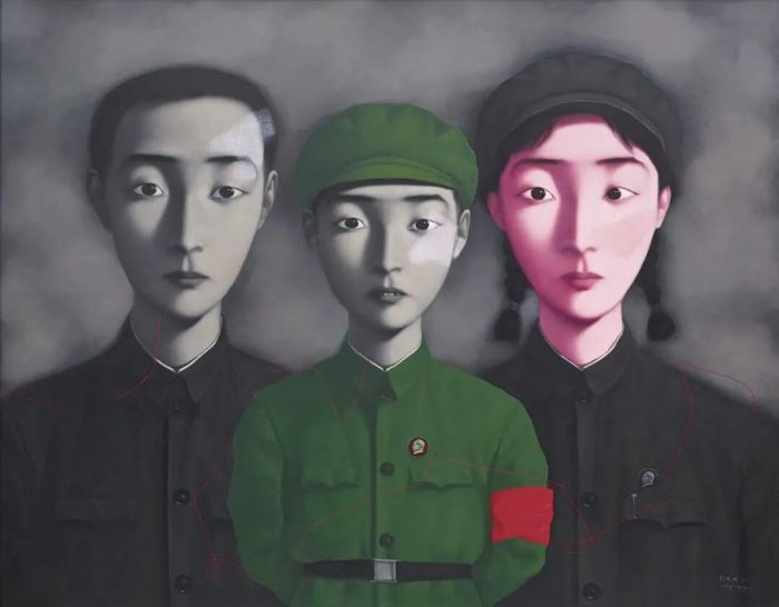 张晓刚（1958年生）《血缘—大家庭3号》，油彩 画布，180 x 230 cm.，1995年作。此作2014年4月5日于香港苏富比以94,200,000港元成交。艺术品© Zhang Xiaogang