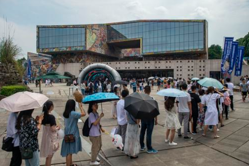 重庆市大学城，许多市民前往大学城观看四川美术学院2019届毕业生作品展，美术馆外排起长队。