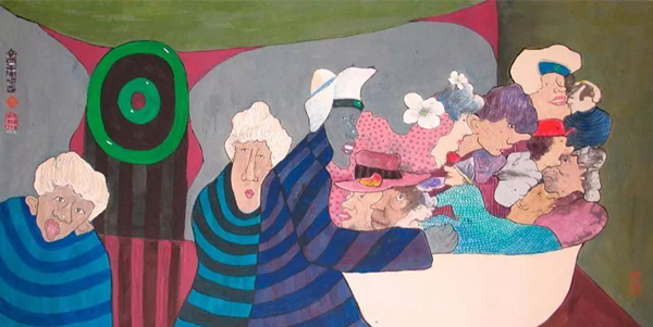 《无题》（聚会），1981，纸本设色，69x134cm，私人收藏;