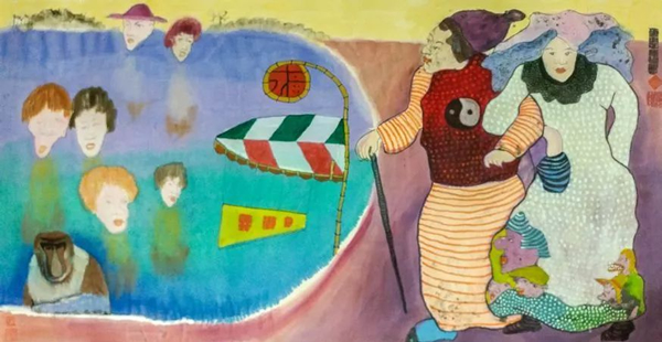 《无题》（弄潮儿），纸本设色，1980，69x134cm，陈福善信托收藏。