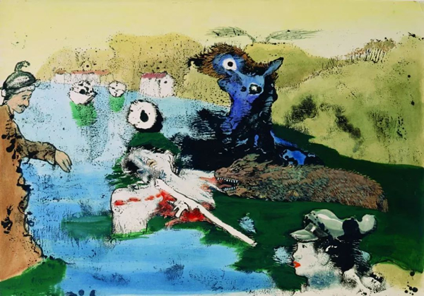 《阿拉法特与他的追随者》，1982，纸本丙烯，44.5x60cm，陈福善信托收藏。陈福善曾说，“我关心身边的事物，但很难说我人生中哪件事最后会化入画里面，人算总不如天算。你记得那时候电视播放黎巴嫩人质事件吗？有一天我发现有幅未完成的画，在角落上居然有个阿拉法特的头像，让我感觉十分惊喜。”