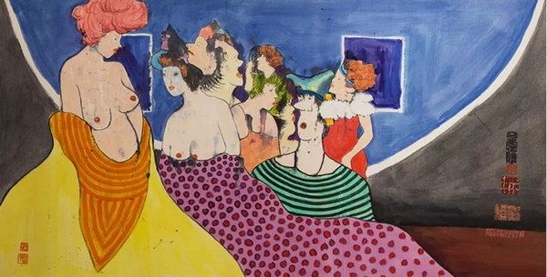 《相处》，1979，纸本设色，68.5x134cm，上海当代艺术博物馆收藏；《无题》（聚会），1981，纸本设色，69x134cm，私人收藏;