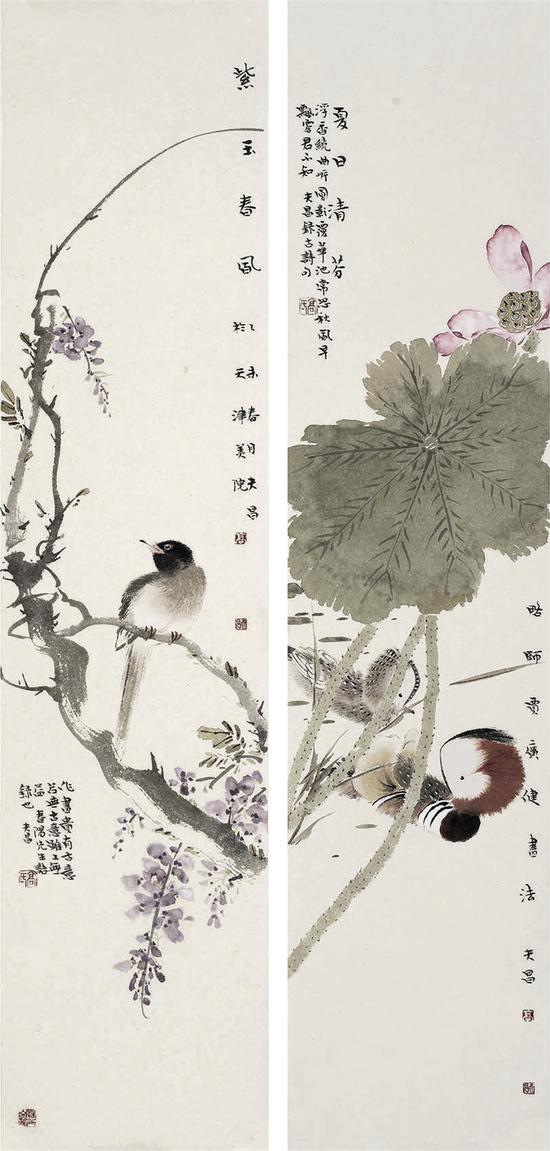 四条屏之一《紫玉春风》、四条屏之二《夏日清芬》