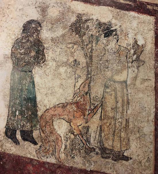 唐中宗神龙二年（706）懿德太子墓架鹞戏犬图