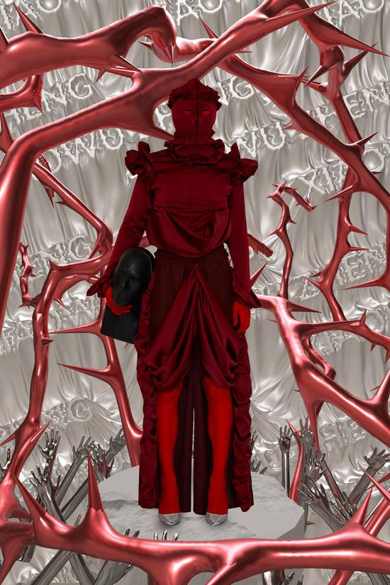 郑晓武，“上帝”面罩垂坠花边贴身上衣、“上帝”垂坠双腰带西裤，2019，真丝汗布，仅供定制 ?郑晓武