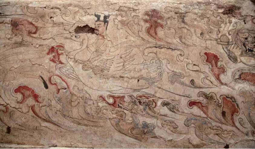 ▲墓道西壁第一层壁画“仙人乘鹤图”