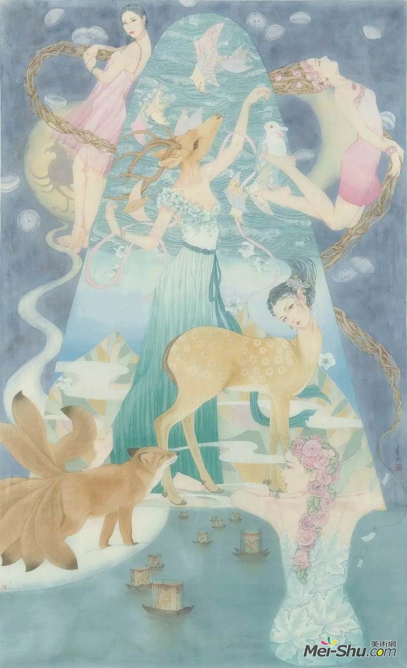 顾艺帆《碎语芃芃》，绢本设色，240×147cm，指导教师：顾迎庆教授