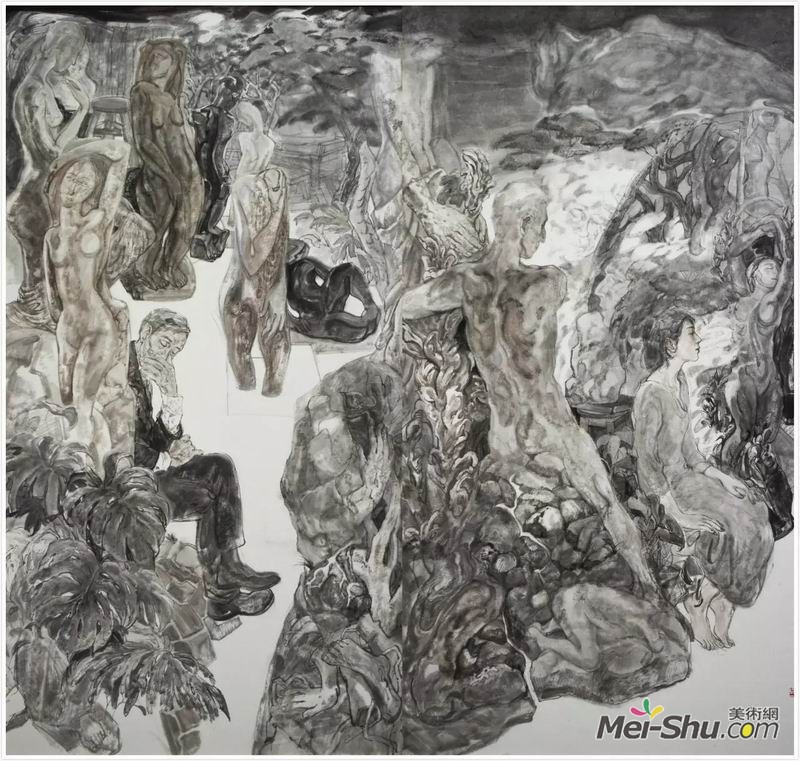 裴彦清《公园前》，纸本水墨，180×200cm，指导教师：尉晓榕教授