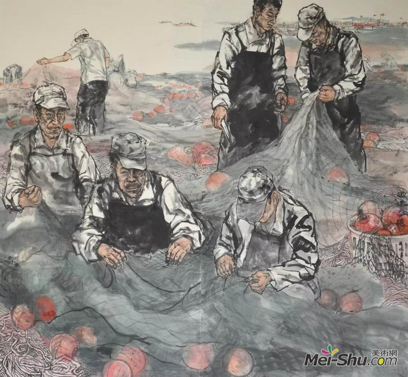 陈艳秋《渔港春晓》，纸本设色，180×195cm，指导教师：徐默教授、盛天晔副教授