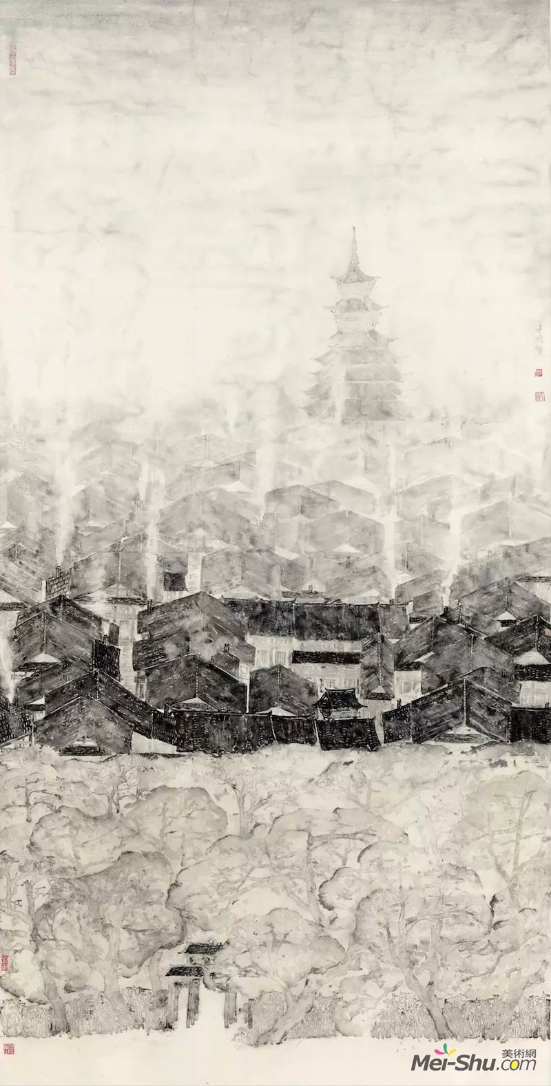 周才林《村烟在望》，纸本水墨，240cm×120cm，指导教师：朱红教授