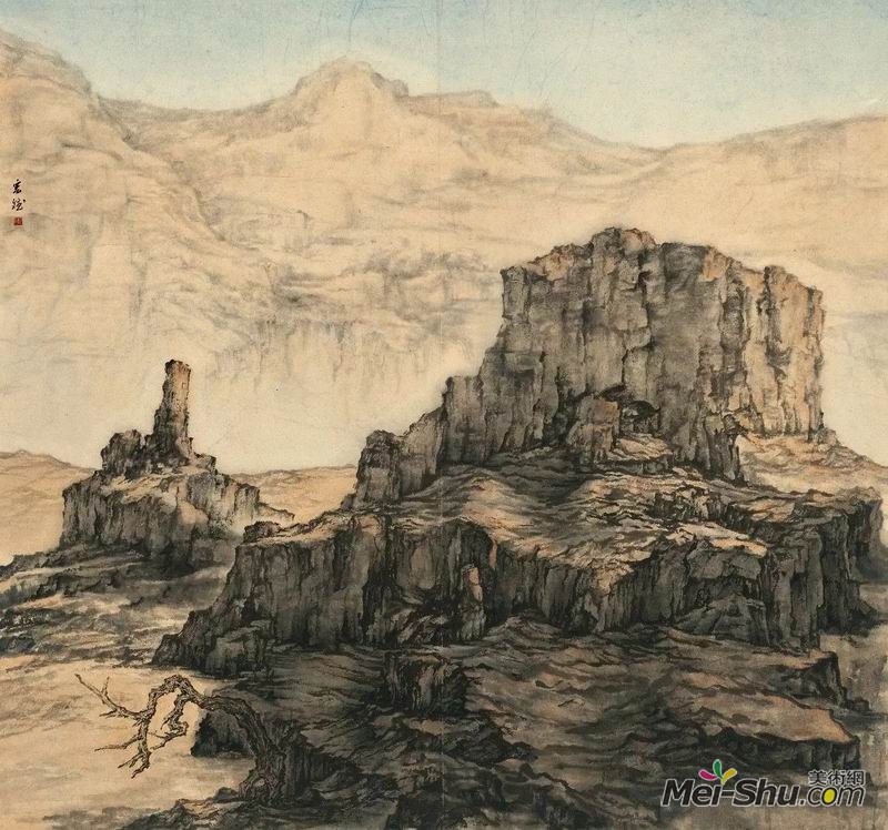 陆宏斌《古漠黄尘》纸本水墨，200×200cm×3，指导教师：张捷教授