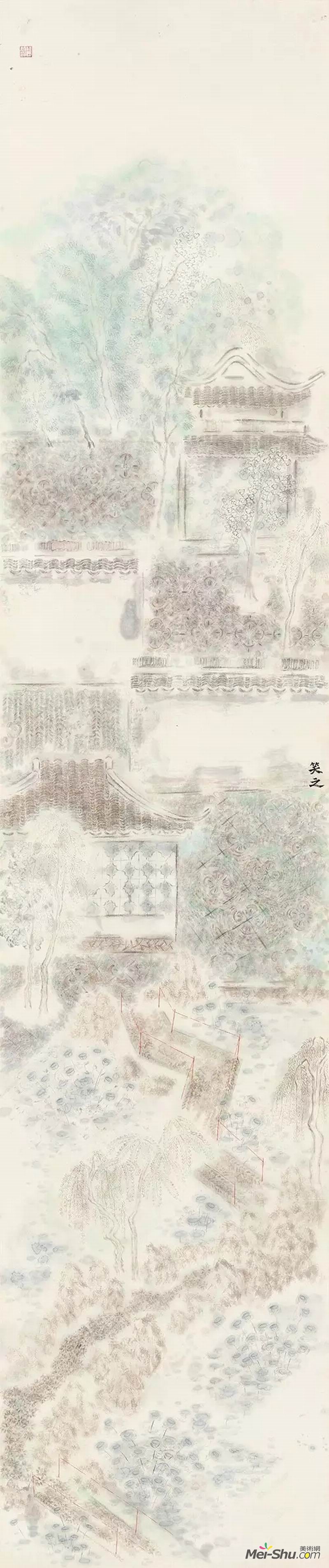 徐丽笑《绿风微暖》，纸本水墨，250×50cm，指导教师：刘文洁教授