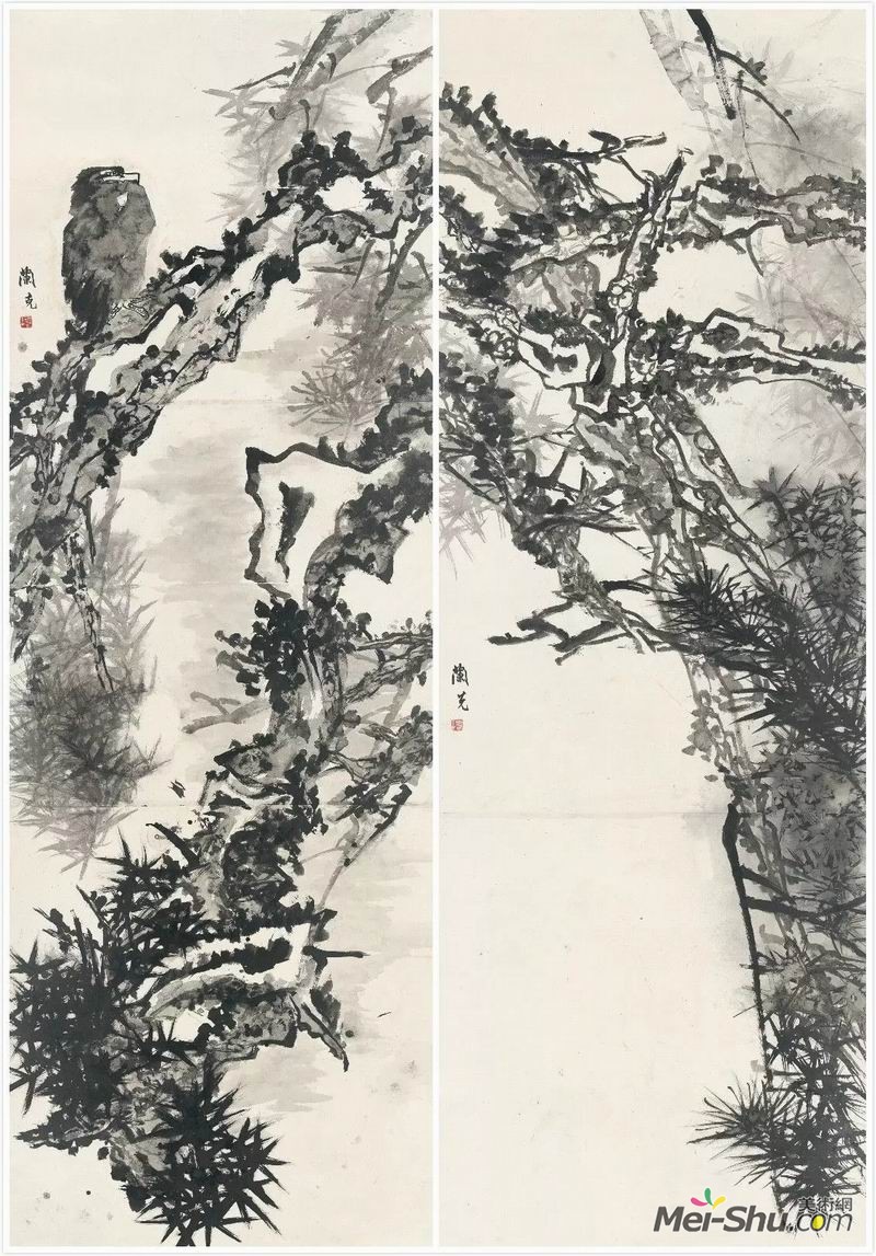 胡兰克《孤栖凌云木》，纸本水墨，270x115cm×2，指导教师：刘海勇教授