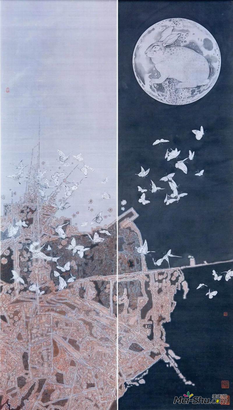 徐姗妮《蝶舞苍穹上九霄》，绢本设色，225×126cm，指导教师：彭小冲副教授、韩璐教授