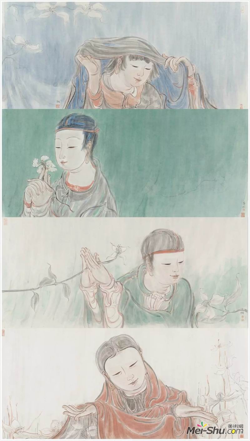 李桐《四照花》系列，纸本设色37×78cm×4，指导教师：吴山明教授、任道斌教授