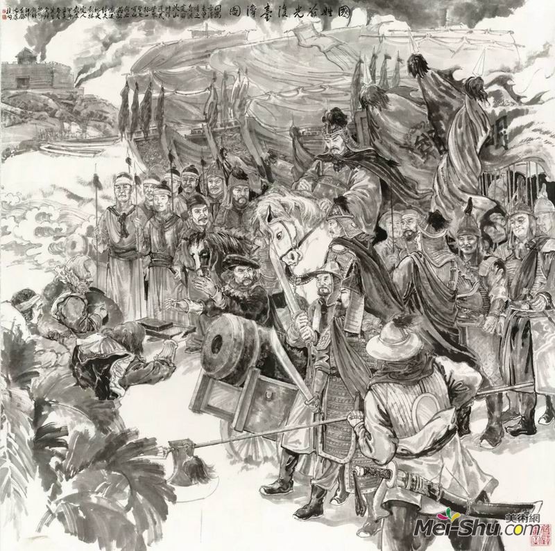 林晋生《国姓爷收复台湾图》，纸本水墨，200×218cm，指导教师：尉晓榕教授