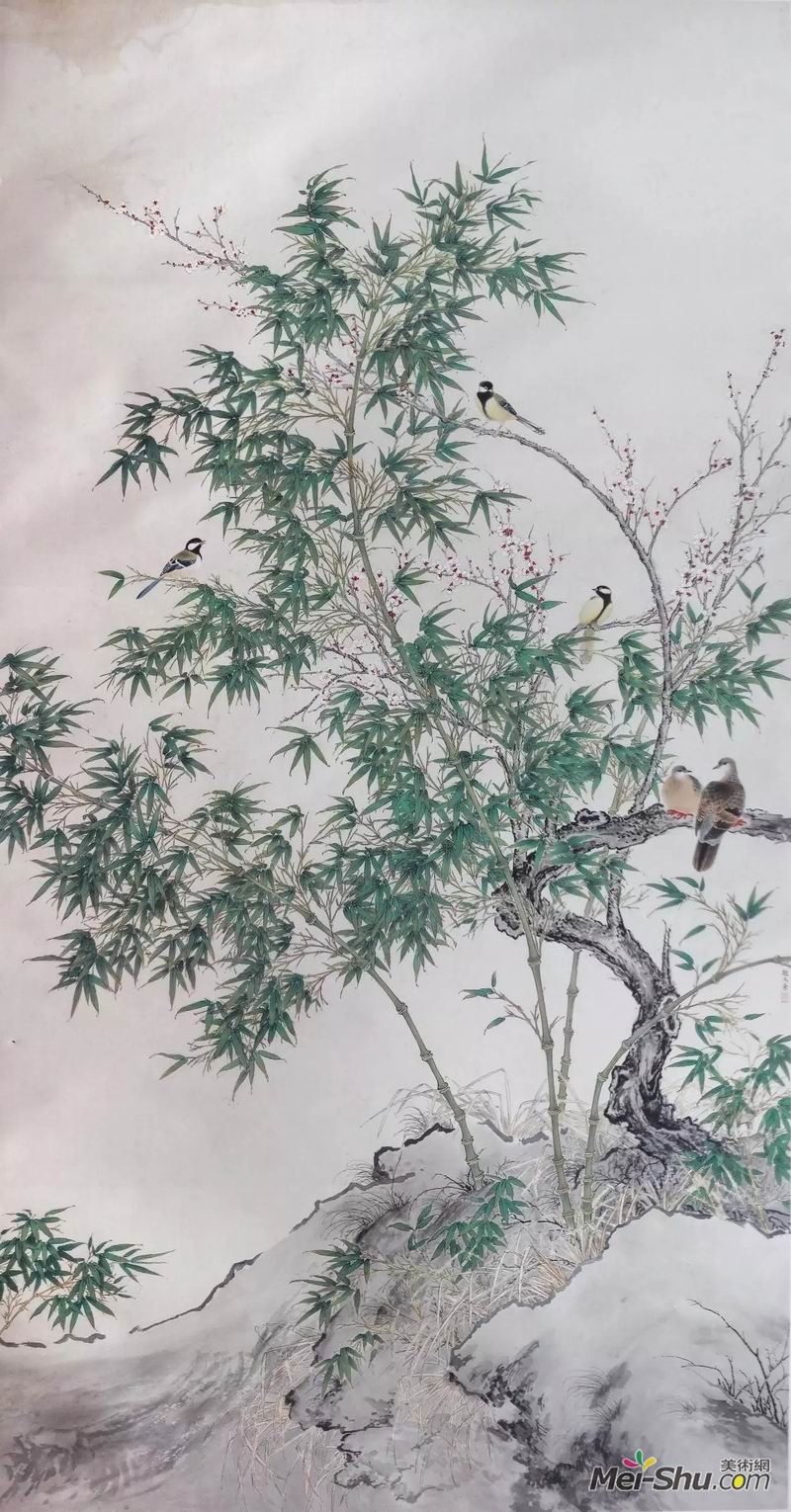 赵天叶《梅竹鸠雀图》，绢本设色，350×185cm，指导老师：张立辰教授、范景中教授