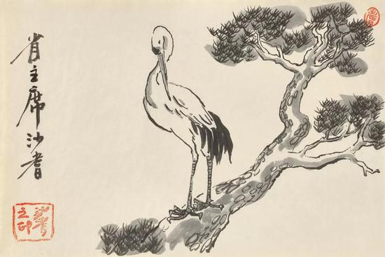 Lot.752-2 沙耆 松鹤延年 纸本水墨 26.3×39cm.