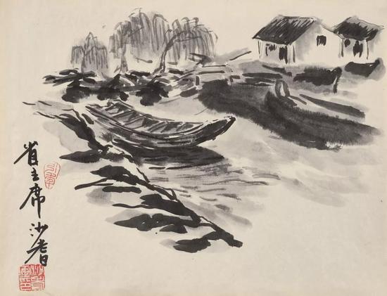 Lot.756-3 沙耆 溪畔人家 纸本水墨 28.8×37.6cm.