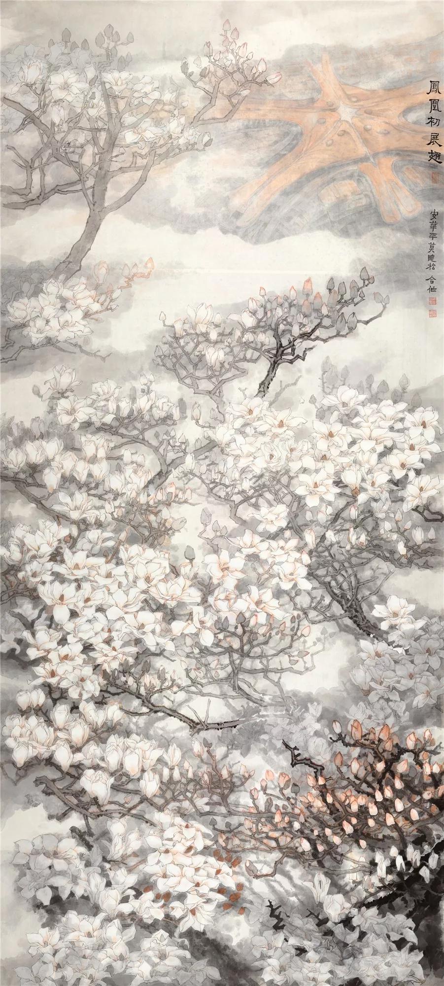 《凤凰初展翅》 莫晓松、安华平 344×156cm 绢本设色 2019年