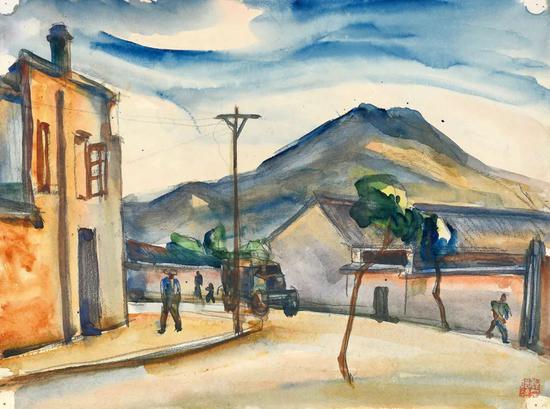 Lot.736 倪贻德 小城街头之二 1940年代末至1950年代初 纸本水彩 25×33.7cm。 来源：直接征集自画家家属