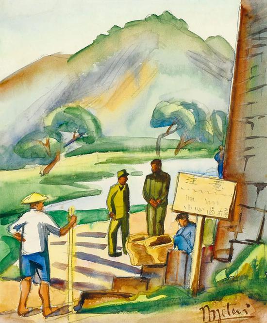 Lot.738 倪贻德 桥边 1943年 纸本水彩 23.5×19.5cm。 来源：直接征集自画家家属