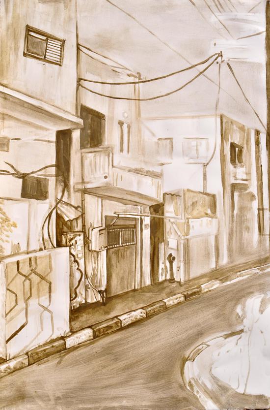特拉维夫 19， 水泥蛋彩胶， 纸上茶叶汁 80×122cm ?David Goss
