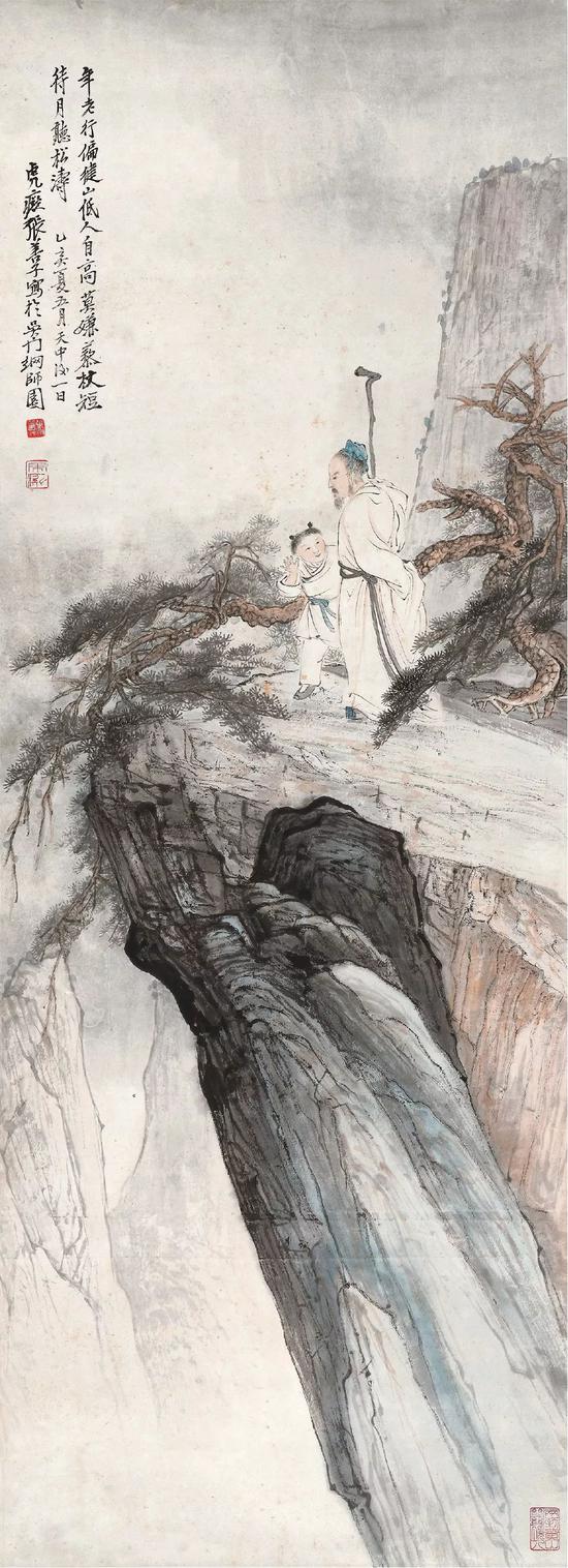 Lot 143 张善孖 待月听松涛 立轴 设色纸本 1935年作 出版：《大观月刊·第13期》第30页，（台北）雅墨文化事业有限公司，2010年10月《中国近代绘画丛刊·张善孖》第98至99页，（台北）雅墨文化事业有限公司，2014年12月 纪录：北京拍卖会，1999年7月3日，编号454 尺寸：108.5×39.5 cm。 约3.9平尺
