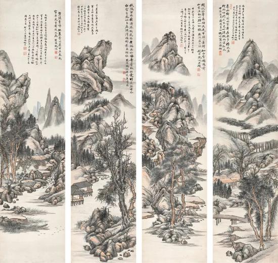 Lot140 冯超然 山水四屏 立轴（四帧） 设色纸本 1904年、1943年作 出版：《中国近代绘画丛刊·冯超然》第4至5页，（台北）雅墨文化事业有限公司，2008年1月 著录：《冯超然年谱》第20至21页，上海书画出版社，2007年12月 127.5×31.5 cm。（4） ，约3.6平尺（每幅）
