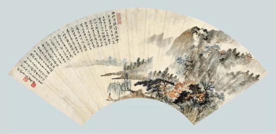 Lot 195 郑午昌 白牡丹赚婿东林寺 扇面镜心 设色纸本 尺寸：18×52.2 cm。 约0.85平尺