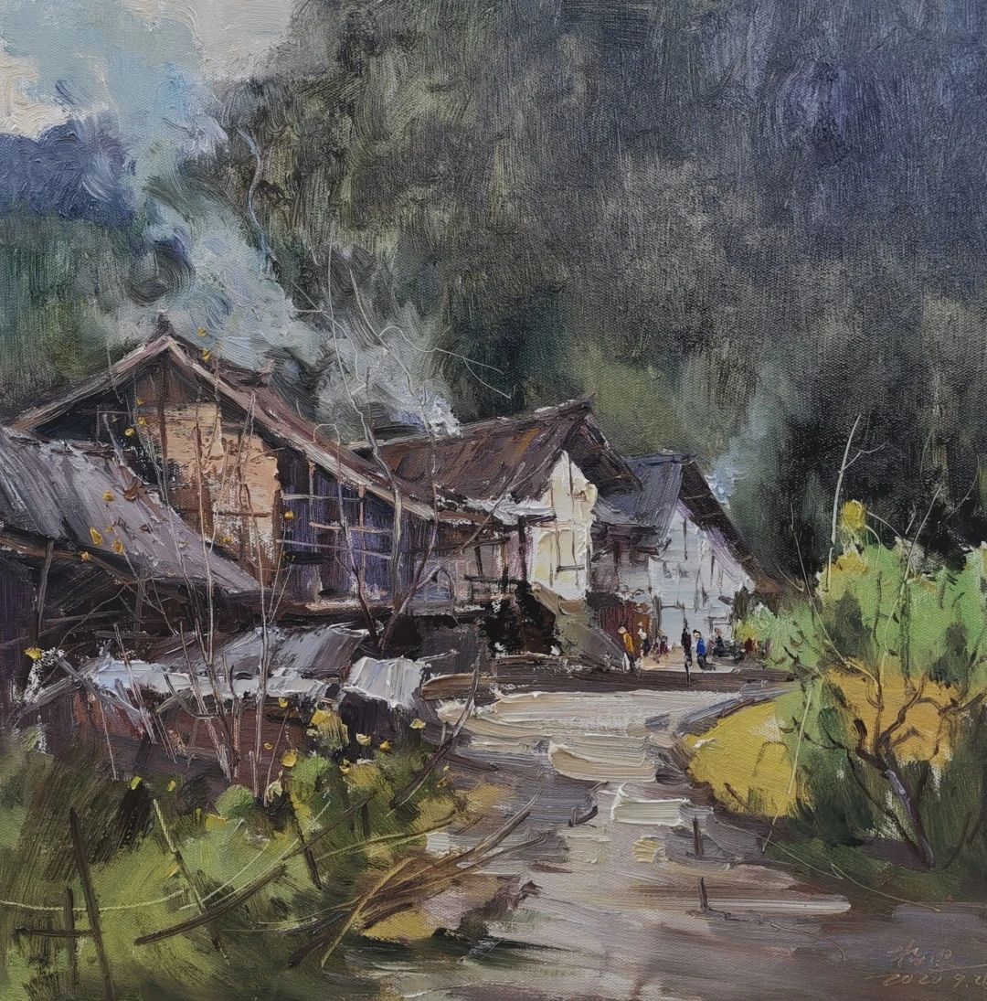 杨洪 《炊烟袅袅》50x50cm 油画