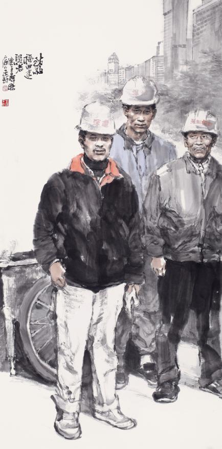 王珂《致敬福田建设者》138x68cm 中国画