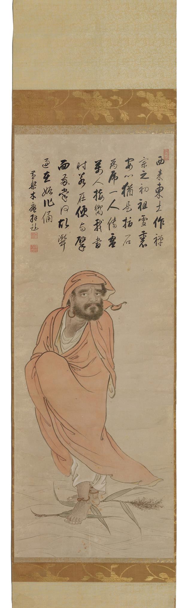 《木庵性瑫达摩渡江图》作者：木庵性瑫(1611-1684)创作年代：1661年规格：137×51.5cm品类：中国画