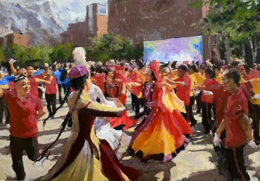 《快乐的广场舞--基层群众文化蓬勃发展》作者：王晓伟创作年代：2022规格：29×40cm品类：丙烯纸面