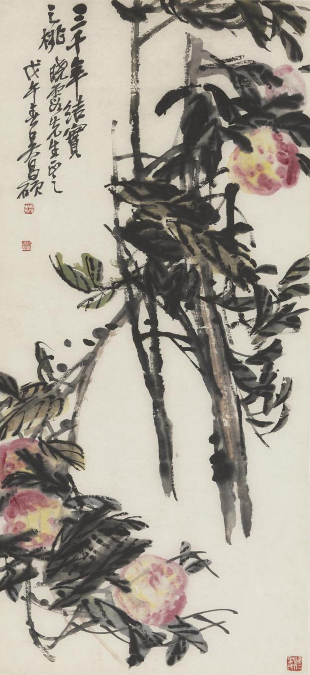 《三千年结实之桃》作者：吴昌硕创作年代：1918年规格：96.5×44.5cm品类：中国画