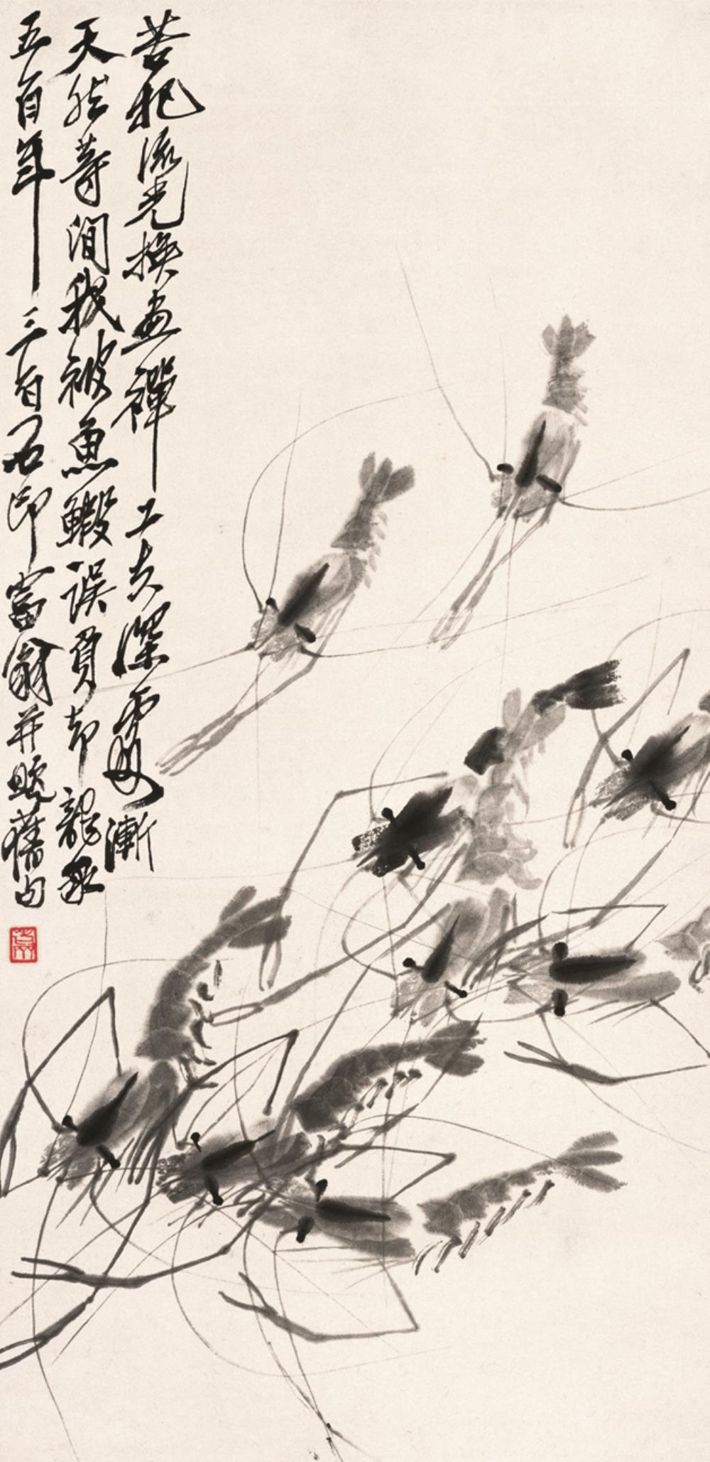 《群虾》作者：齐白石（1864年─1957年）创作年代：不详规格：68.8×33.7cm品类：纸本水墨