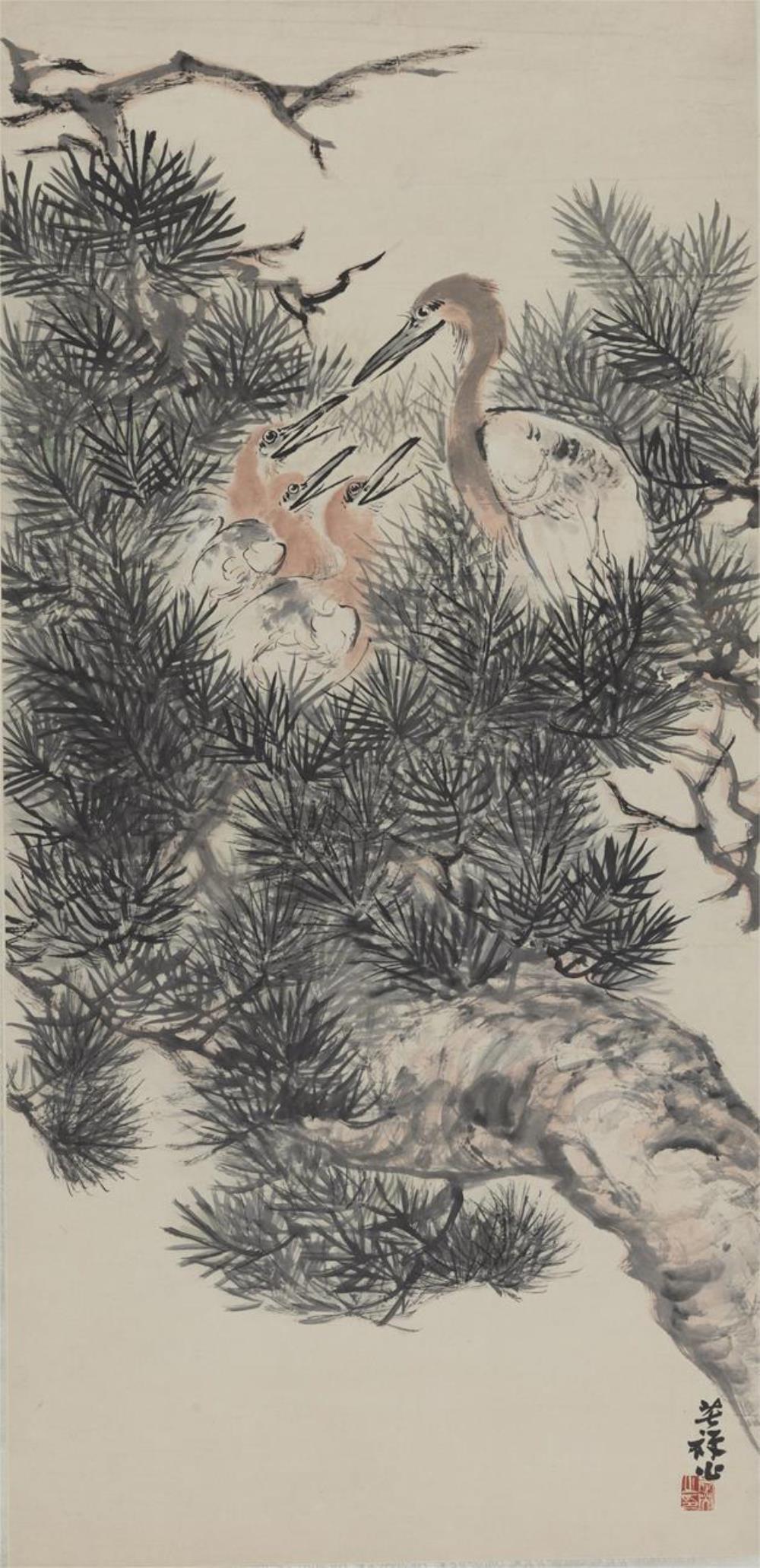 《松树鹤鸟》作者：中国画创作年代：1900年规格：131×63.1cm品类：李苦禅