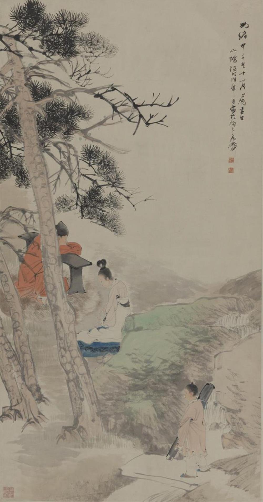 《松下闻箫》作者：中国画创作年代：1894年规格：105×54cm品类：任伯年