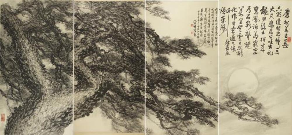 《苍松万古春（四联通屏）》作者：中国画创作年代：2004年规格：180×392cm品类：梁世雄