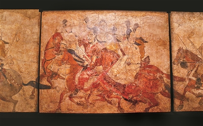 图8 鞍马骑游壁画（局部） 北齐武平元年 太原市王郭村娄睿墓出土