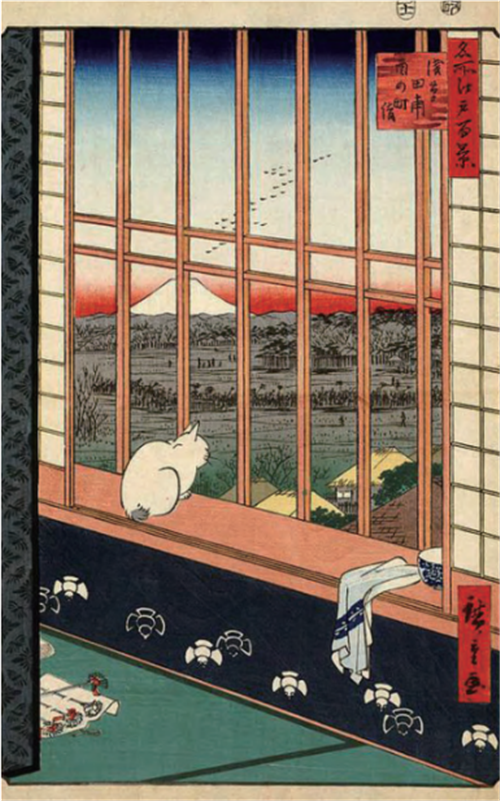 歌川广重 浅草田浦酉之町诣，画中的猫咪安静地蹲在格子窗上，窗外是美丽的浅草町风景。