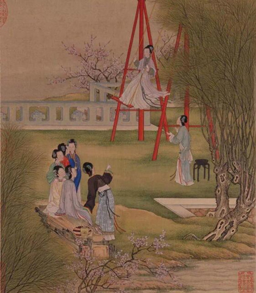 清陈枚梁诗正月曼清游图册——二月《杨柳荡千》绢本设色 37×31.8cm