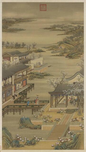 清唐贷丁观鹏十二月月令轴四月踏青 175×97cm