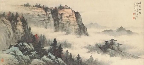 黄君璧（1898-1991） 《峨眉金顶》，卷轴、已裱框、水墨、着色纸本，56 x 119 cm.，1958年作。此作于2012年5月29日在佳士得香港以1,040,000港元成交